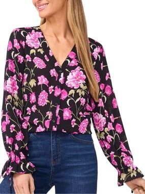 NWT CECE Black & Pink Floral V-Neck Button Down Ruffle Cuff Blouse Size Medium